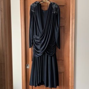 Black formal gown with beaded shoulders, vintage